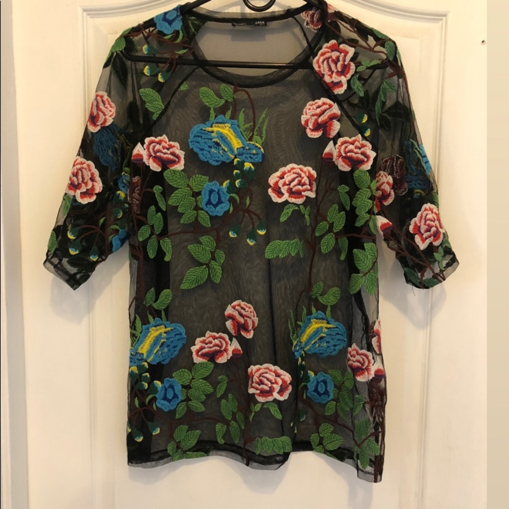 Mesh floral embroidery shirt